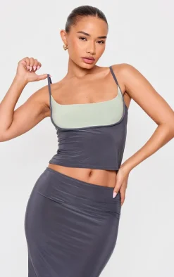Petite Grey Slinky Contrast Strappy Top