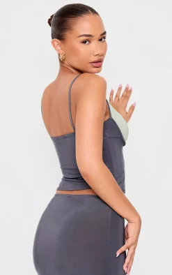 Petite Grey Slinky Contrast Strappy Top