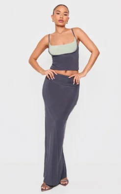 Petite Grey Slinky Contrast Strappy Top