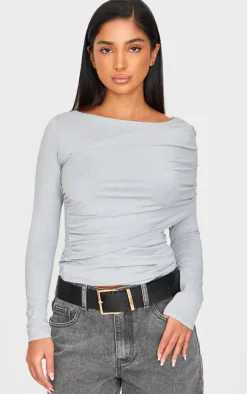 Petite Grey Slinky Drape Detail Long Sleeve Top