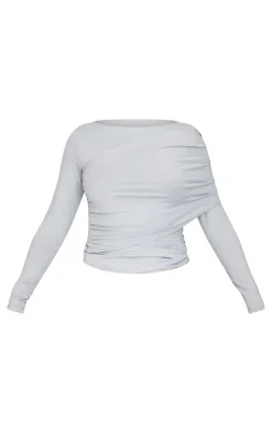 Petite Grey Slinky Drape Detail Long Sleeve Top