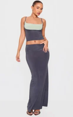 Petite Grey Slinky Low Waist Maxi Skirt