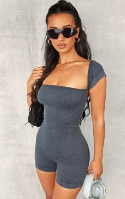 Petite Grey Snatched Rib Cap Sleeve Square Neck Unitard