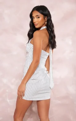 Petite Grey Stripe Textured Wrap Neck Ruched Bodycon Dress