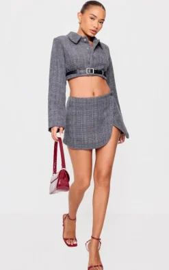 Petite Grey Textured Woven Wrap Over Mini Skirt