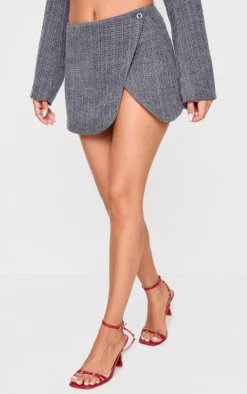 Petite Grey Textured Woven Wrap Over Mini Skirt