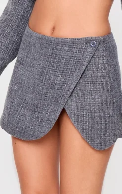 Petite Grey Textured Woven Wrap Over Mini Skirt