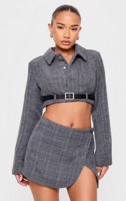 Petite Grey Textured Woven Belt Detail Cropped Blazer