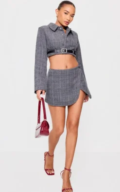 Petite Grey Textured Woven Belt Detail Cropped Blazer
