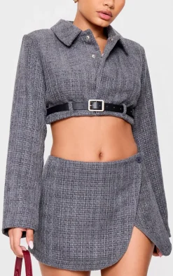 Petite Grey Textured Woven Belt Detail Cropped Blazer