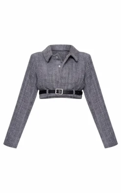 Petite Grey Textured Woven Belt Detail Cropped Blazer