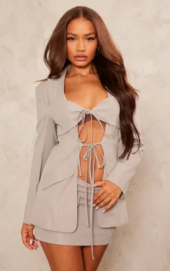 Petite Grey Tie Detail Fitted Blazer