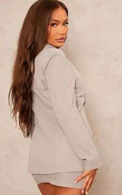 Petite Grey Tie Detail Fitted Blazer