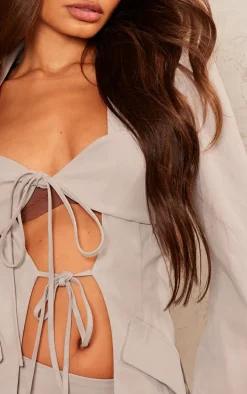 Petite Grey Tie Detail Fitted Blazer