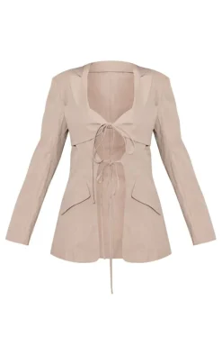 Petite Grey Tie Detail Fitted Blazer