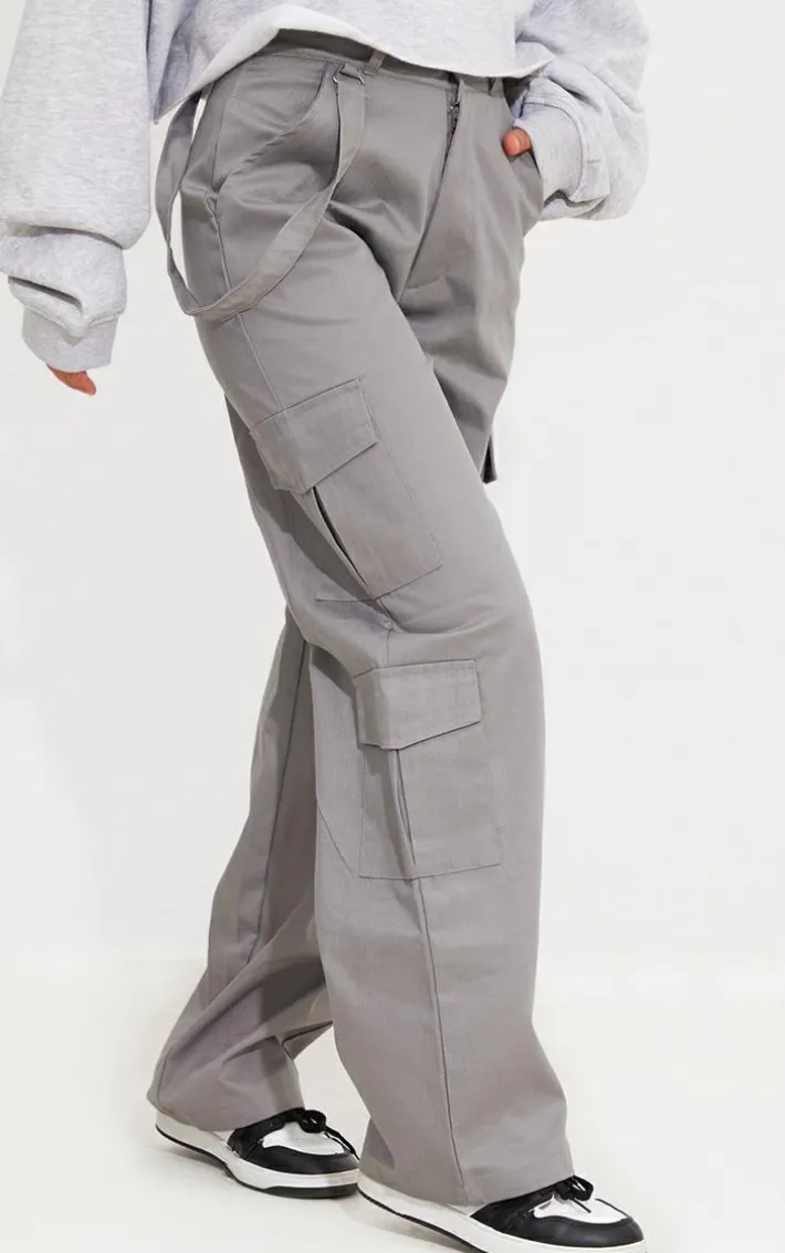 Petite Grey Twill Pocket Side Straight Leg Cargo's