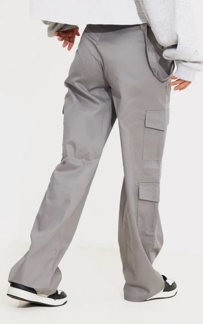 Petite Grey Twill Pocket Side Straight Leg Cargo's
