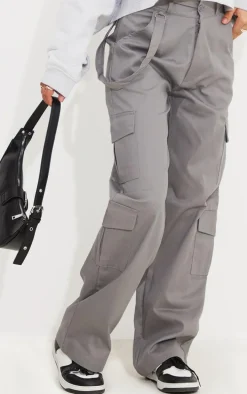 Petite Grey Twill Pocket Side Straight Leg Cargo's