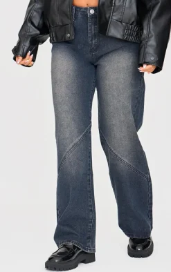 Petite Grey Used Bleach Seam Detail Straight Leg Jeans