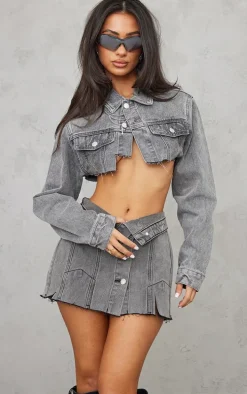 Petite Grey Wash Distressed Super Cropped Denim Jacket