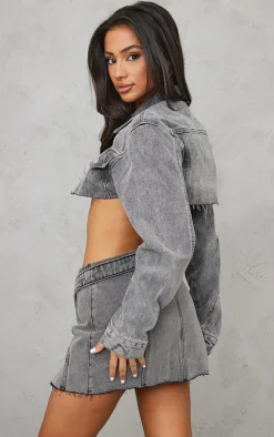 Petite Grey Wash Distressed Super Cropped Denim Jacket