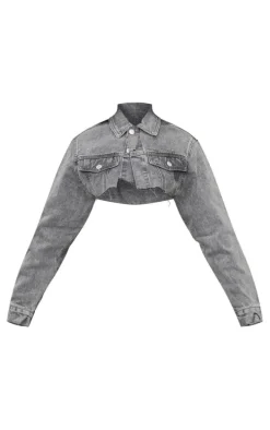 Petite Grey Wash Distressed Super Cropped Denim Jacket