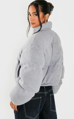 Petite Grey Wool Look Cropped Puffer Jacket
