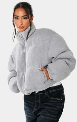 Petite Grey Wool Look Cropped Puffer Jacket