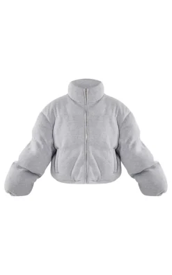 Petite Grey Wool Look Cropped Puffer Jacket