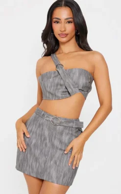 Petite Grey Woven Extreme Crop Top With Strap Detail