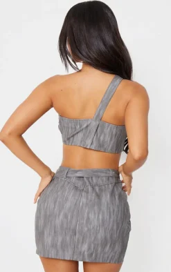 Petite Grey Woven Extreme Crop Top With Strap Detail