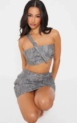 Petite Grey Woven Extreme Crop Top With Strap Detail