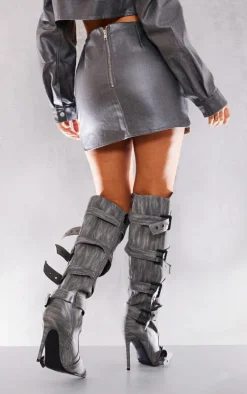 Petite Gunmetal Grey Metallic Coated Denim Buckle Detail Mini Skirt