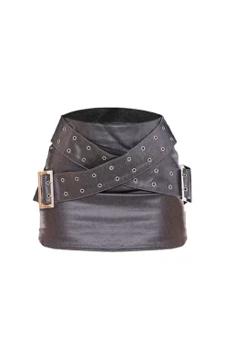 Petite Gunmetal Grey Metallic Coated Denim Buckle Detail Mini Skirt
