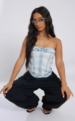 Petite Ice Blue Denim Corset Top With Button Detailing