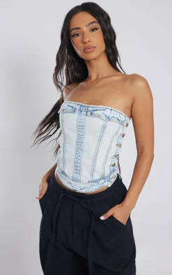 Petite Ice Blue Denim Corset Top With Button Detailing