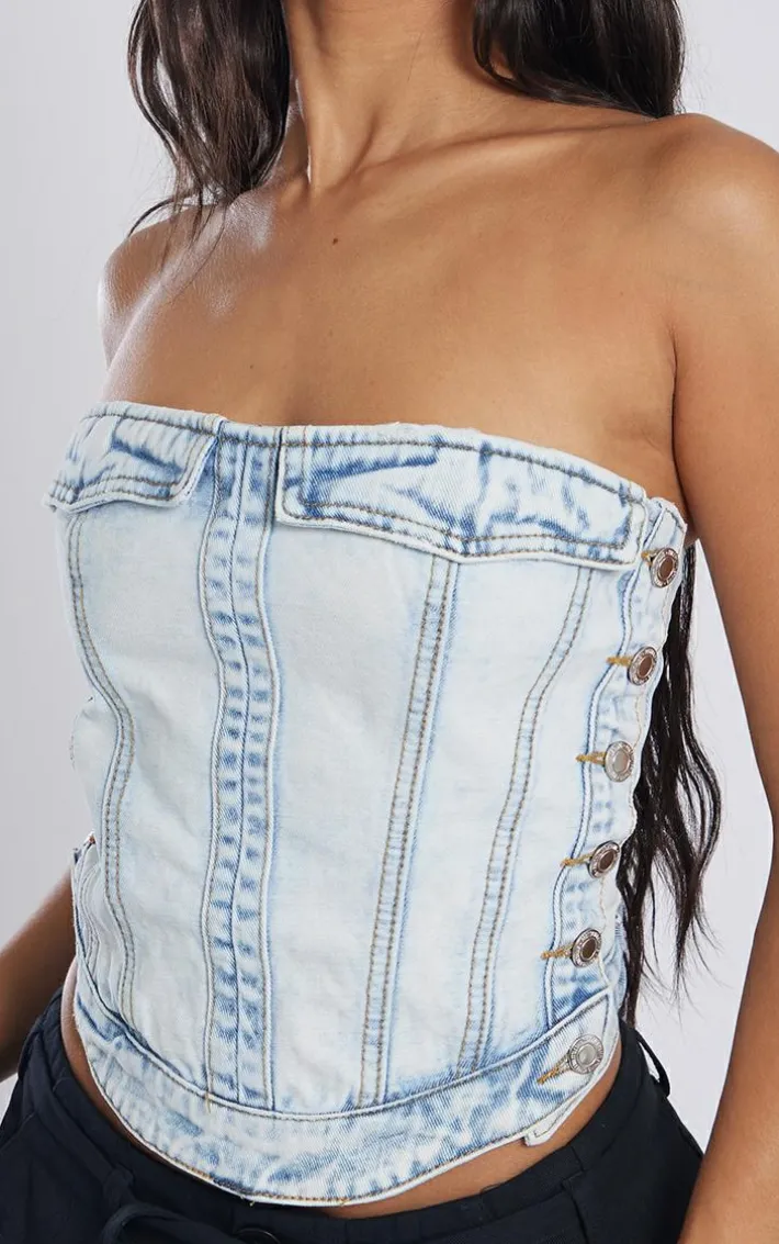 Petite Ice Blue Denim Corset Top With Button Detailing
