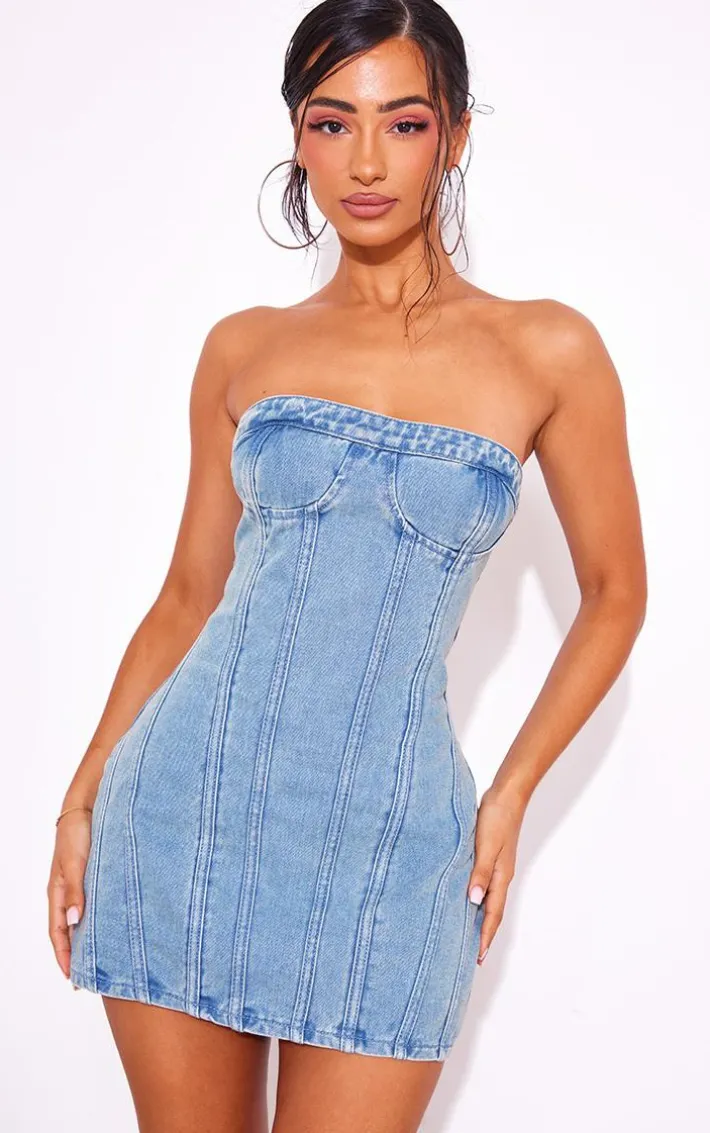 Petite Ice Blue Vintage Wash Seam Front Denim Mini Dress