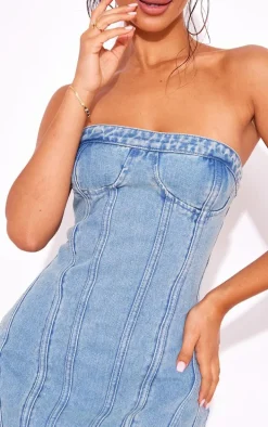 Petite Ice Blue Vintage Wash Seam Front Denim Mini Dress