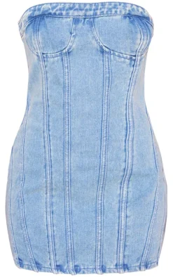 Petite Ice Blue Vintage Wash Seam Front Denim Mini Dress