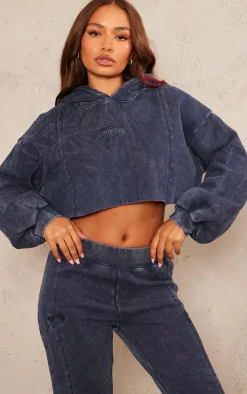 Petite Indigo Acid Wash Seam Detail Cropped Hoodie