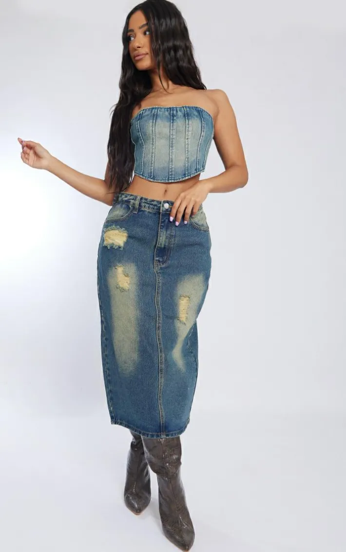 Petite Indigo Vintage Wash Seam Front Denim Corset Top