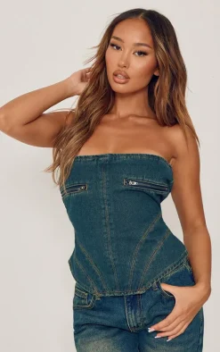 Petite Indigo Vintage Wash Zip Detail Denim Curved Hem Corset