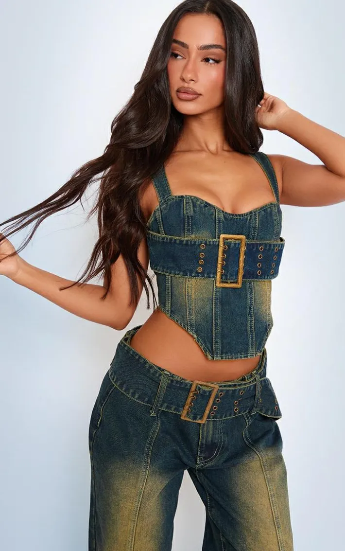 Petite Indigo Vintage Wash Denim Buckle Detail Corset Top