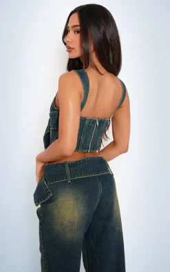 Petite Indigo Vintage Wash Denim Buckle Detail Corset Top