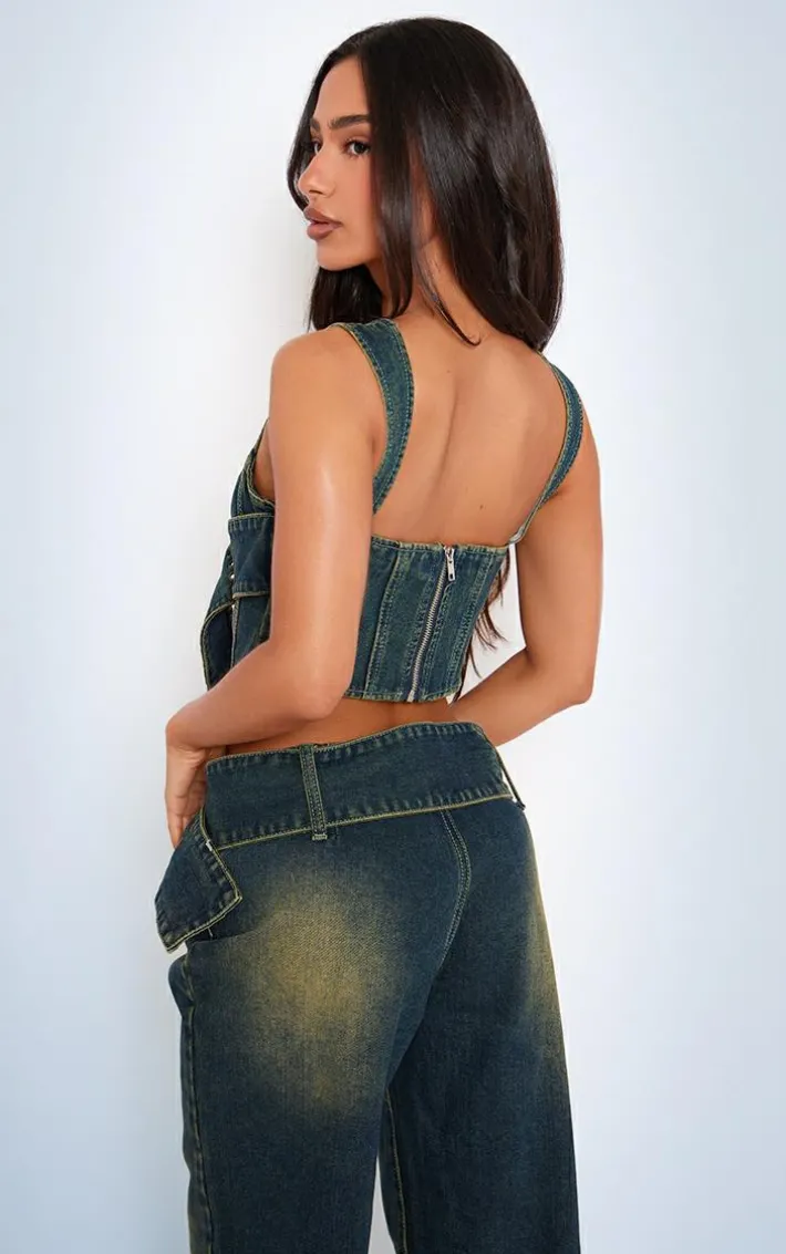 Petite Indigo Vintage Wash Denim Buckle Detail Corset Top