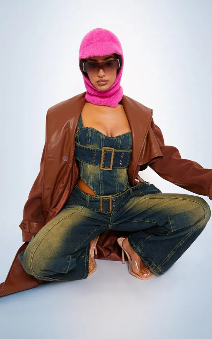 Petite Indigo Vintage Wash Denim Buckle Detail Corset Top