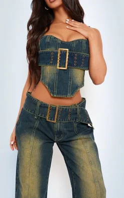 Petite Indigo Vintage Wash Denim Buckle Detail Corset Top