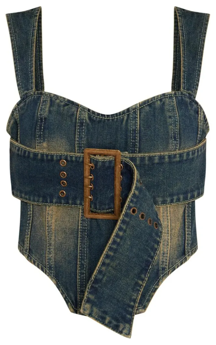 Petite Indigo Vintage Wash Denim Buckle Detail Corset Top