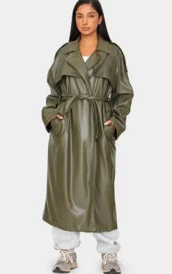 Petite Khaki Faux Leather Belted Trench Coat